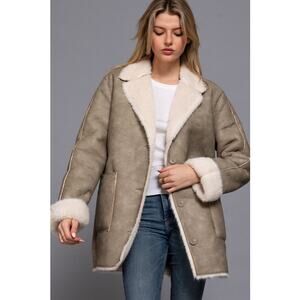 Size Medium Taupe Lapel Collar Button Down Shearling Lined Faux Leather Coat